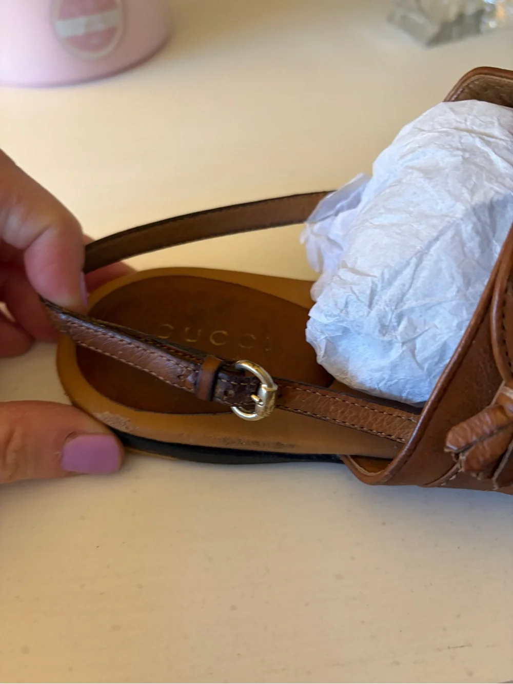Gucci Brown Leather Thong Sandals with Gold Accents